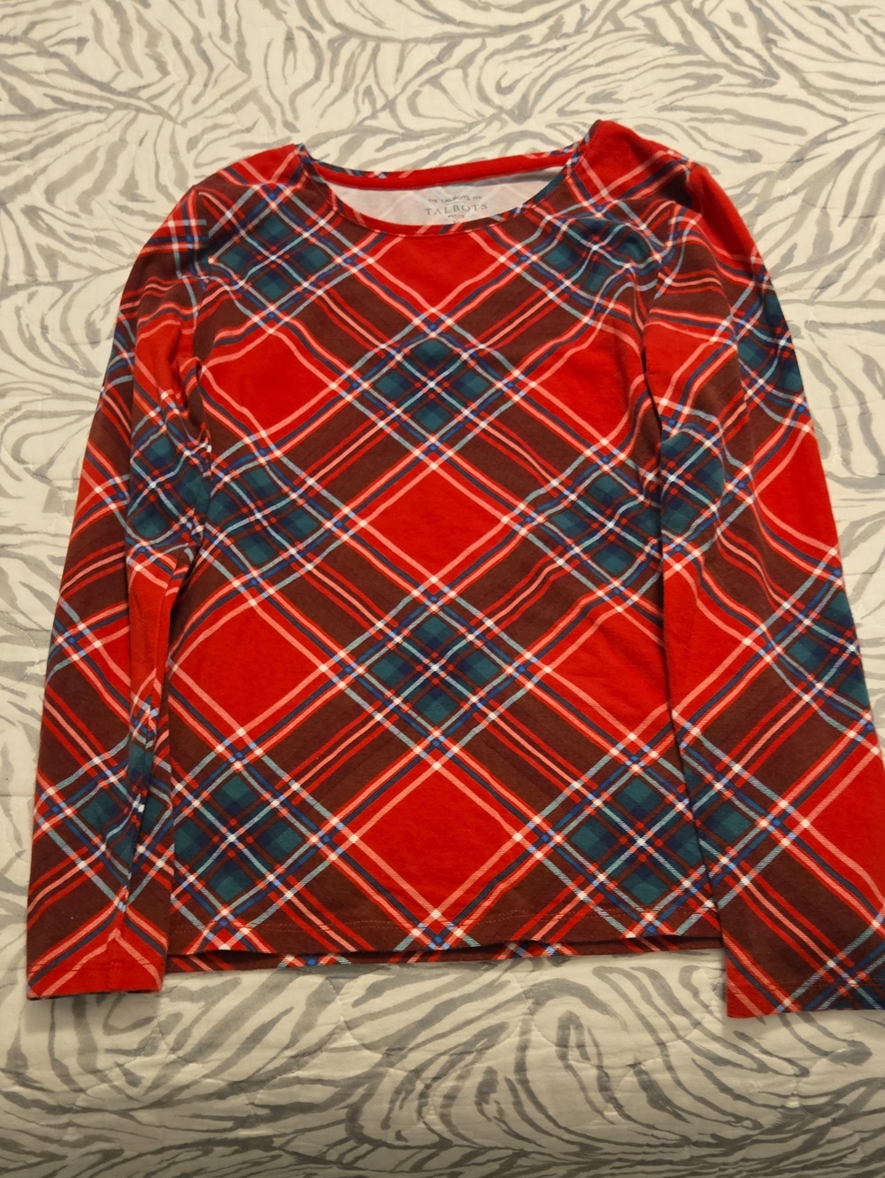 Talbots Red Plaid Long Sleeve Tee with green & White Accents Size Small Petite.